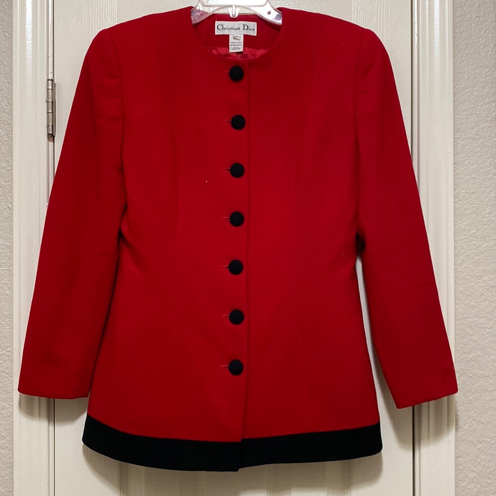 Vintage Authentic Christian Dior Wool Red Coat with Black Buttons